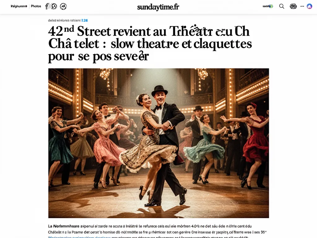 Scène du Théâtre du Châtelet avec un grand escarpement de lumières dorées, un groupe de danseurs en costume années 30 et un orchestre visible en contrebas