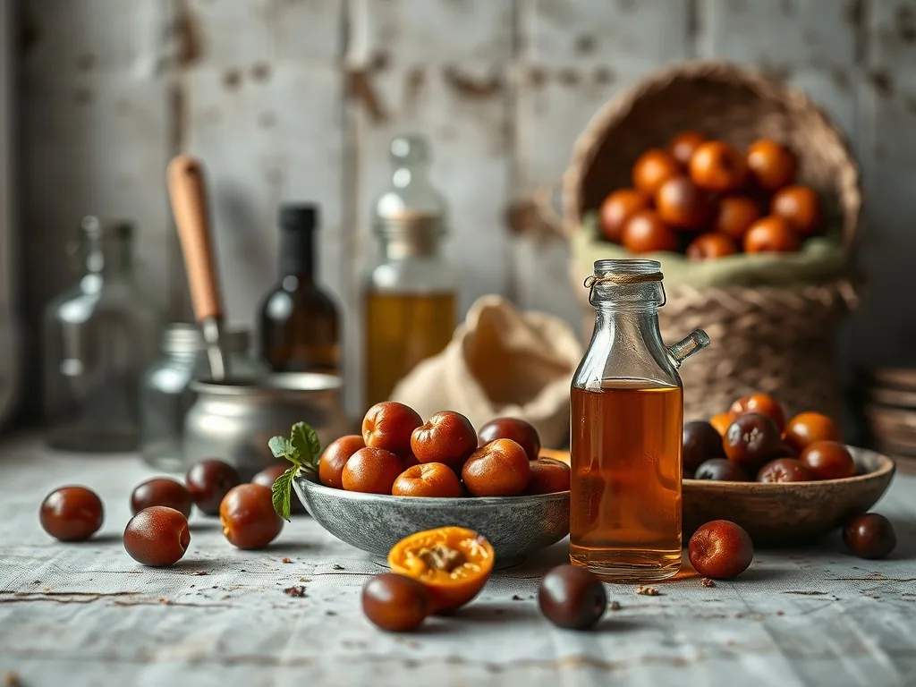 Bocaux en verre remplis d'abricots entiers nappés d'un sirop doré, posés sur un torchon à carreaux à côté de quelques fruits frais et d'une gousse de vanille sur une planche en bois.