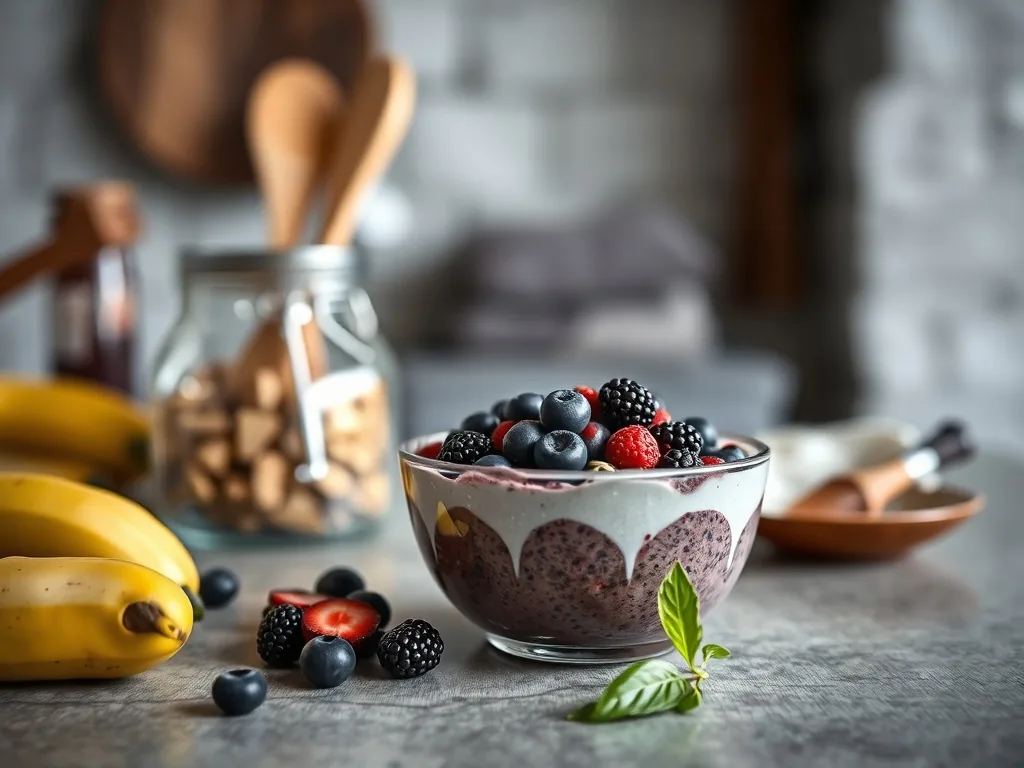Bol d'acai bowl violet profond, surmonté de granola, rondelles de banane, myrtilles et graines de chia, posé sur une table