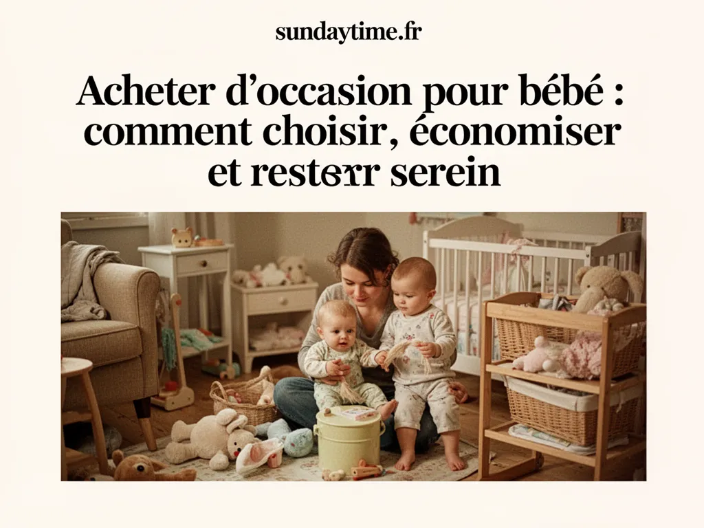 Une poussette d'occasion propre posée dans une entrée lumineuse, avec un manteau accroché et une paire de chaussons de bébé sur un tapis