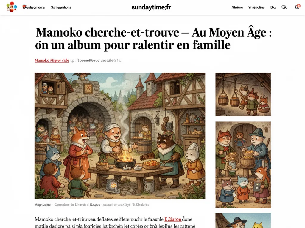 Double page d’un album illustré montrant une place de marché médiévale, personnages en costumes et petits détails à repérer