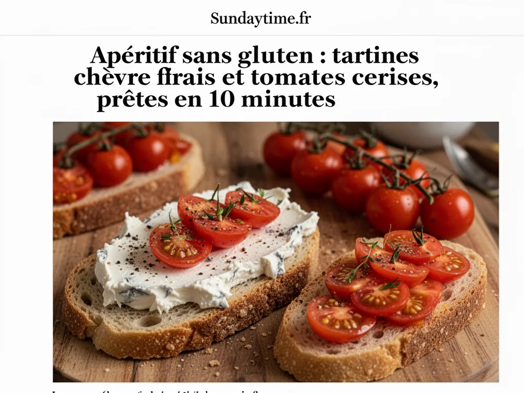 Tartines rustiques sans gluten garnies de chèvre frais, tomates cerises coupées en deux et herbes fraîches posées sur une planche en bois
