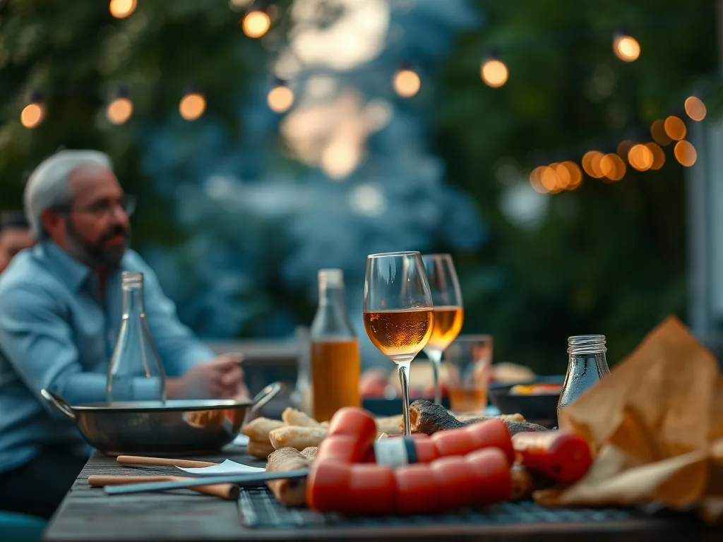 Assortiment de brochettes apéritives et de légumes grillés sur une planche en bois, avec un verre de rosé et une saucière, le tout posé sur une table de jardin un soir d'été