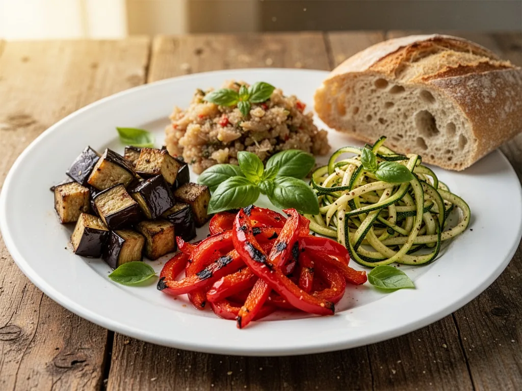 A white plate with three separate mounds: roasted aubergine cubes, grilled red pepper strips, sautéed zucchini ribbons, 