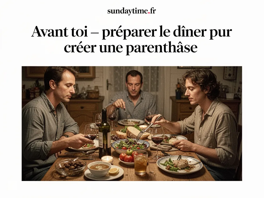 Table dressée au crépuscule : une assiette simple, un verre de vin, une bougie allumée et une serviette pliée
