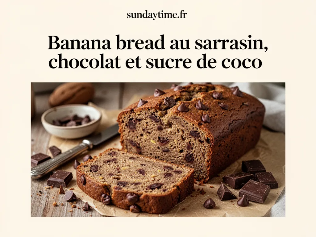 Tranche de banana bread sombre aux pépites de chocolat posée sur une planche en bois, une banane tranchée à côté, miettes et sucre de coco saupoudré autour