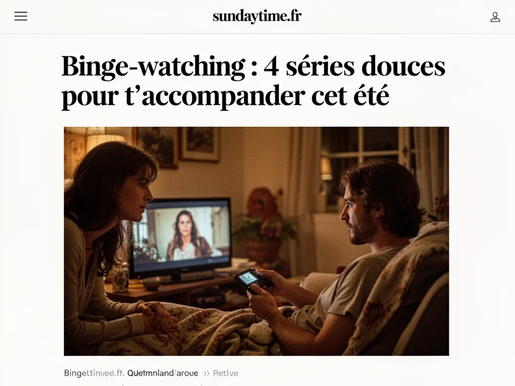 Canapé clair près d'une fenêtre, plaid, tasse de thé posée, télé éteinte, ambiance cocon d'été