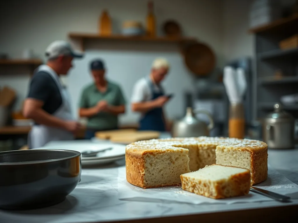 Tranche de cake roquefort lardons avec noix, posée sur une planche en bois, quelques miettes autour et un couteau à pain