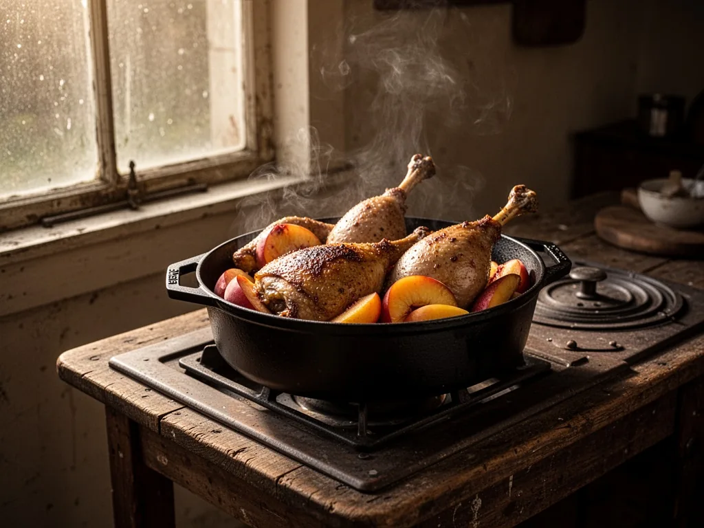 A cast-iron cocotte with browned duck legs and sliced peaches, resting on a wooden stove, steam rising gently, muted aft