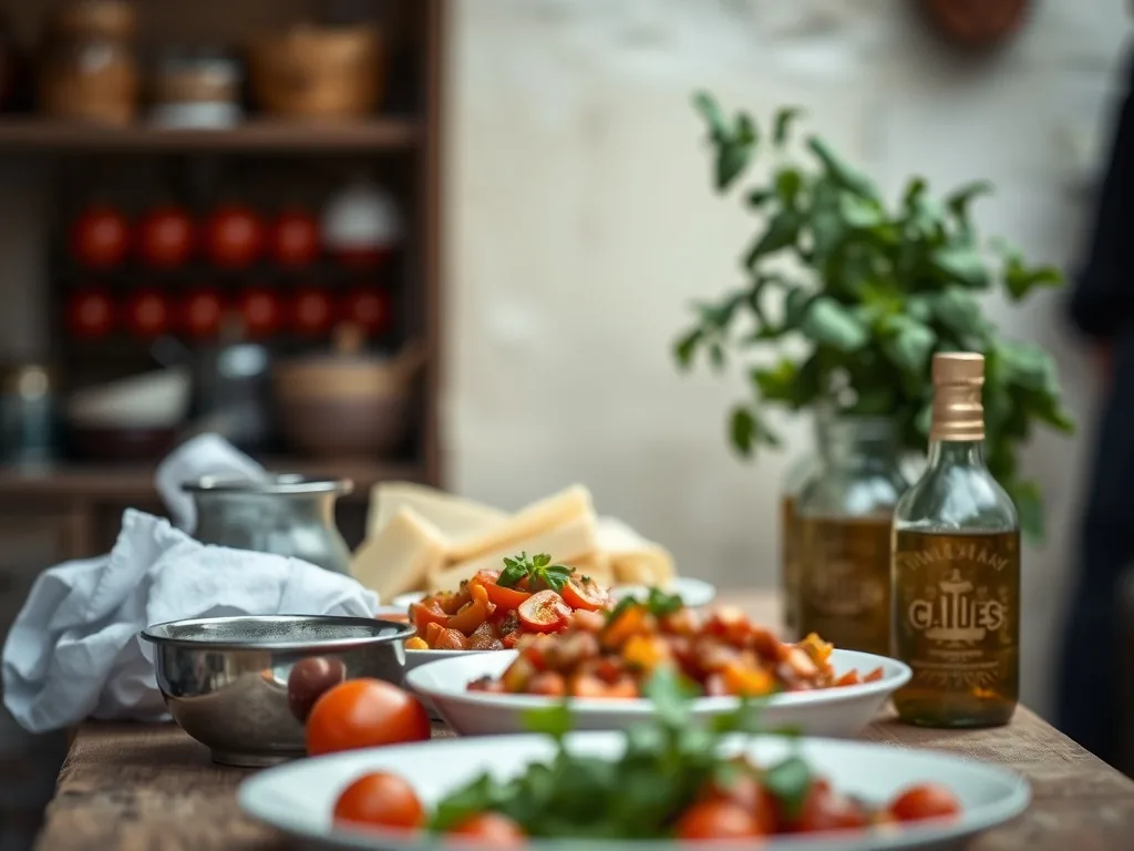 Un plat en terre cuite rempli de caponata sicilienne, le mélange d'aubergines, olives, câpres et céleri encore légèrement