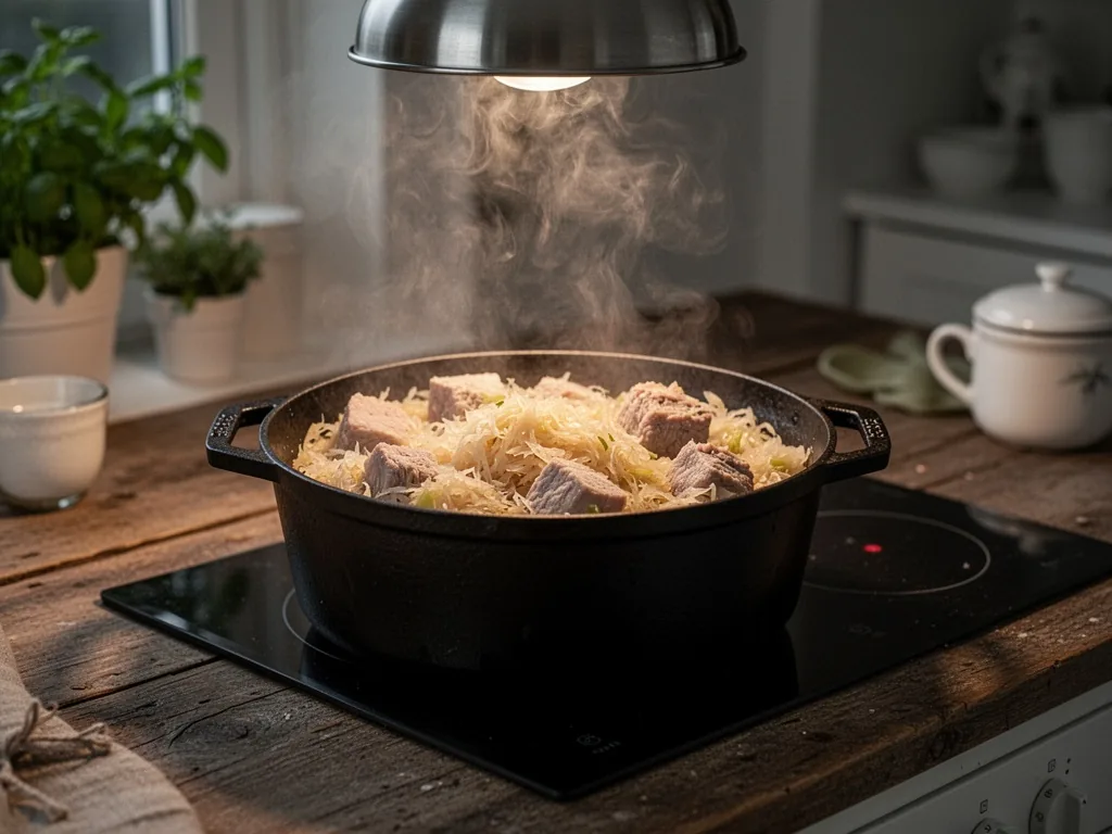 A heavy cast-iron pot bubbling with sauerkraut and pork, steam rising against a dark stovetop, soft overhead light