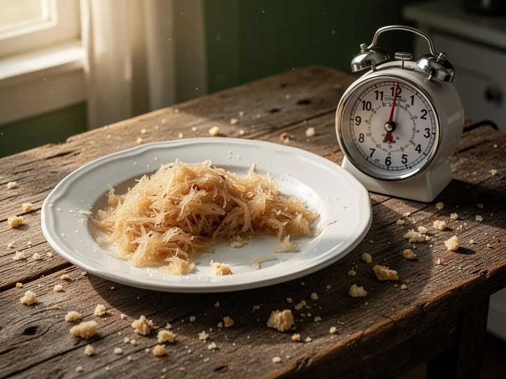 A white ceramic plate with leftover choucroute beside a ticking kitchen timer, crumbs on weathered wood, afternoon sun