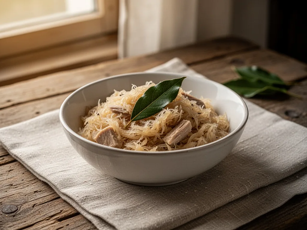 A single serving bowl of choucroute garnie with a bay leaf, clean composition on a linen tablecloth, gentle window light