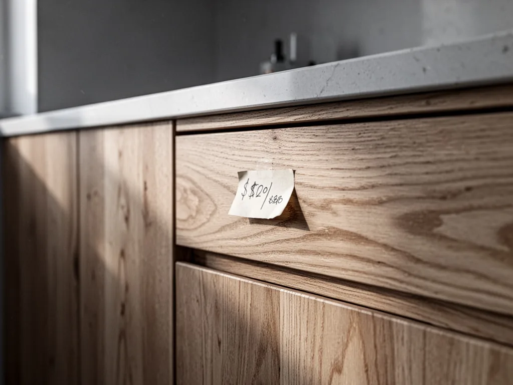 A close-up of a wooden kitchen cabinet with visible grain and a small handwritten price tag on a drawer, soft morning li