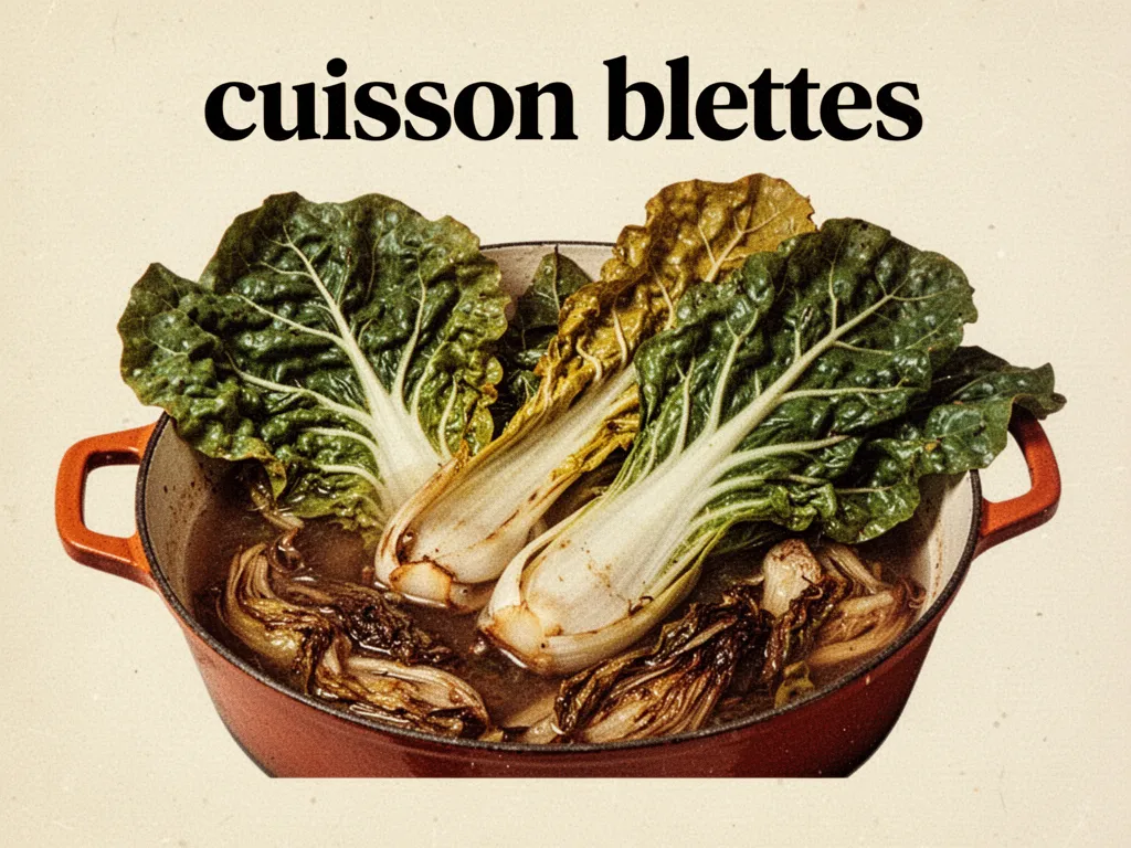 Un plat rustique de blettes sautées, feuilles vert foncé et côtes blanches dorées dans une poêle en fonte