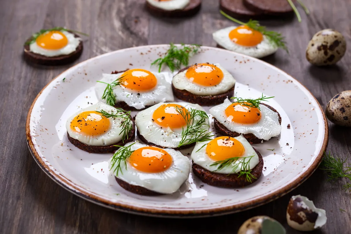 Œufs de caille cuits posés dans une coupelle en céramique sur une table en bois clair, avec des coquilles brisées à côté
