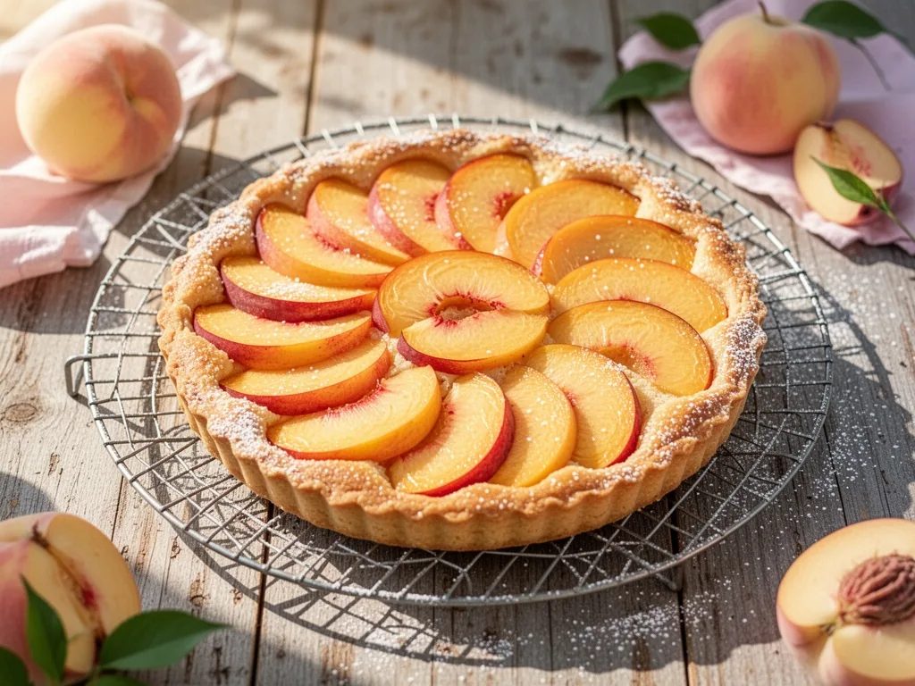 A golden baked peach tart on a wire cooling rack, fresh peach slices arranged in overlapping circles, powdered sugar dus