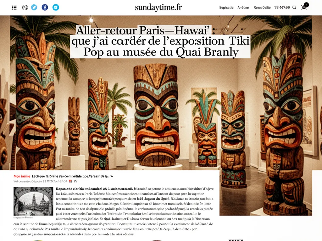 Intérieur d'une salle d'exposition : masques en bois colorés suspendus, éclairage chaud, visiteurs qui circulent en silence