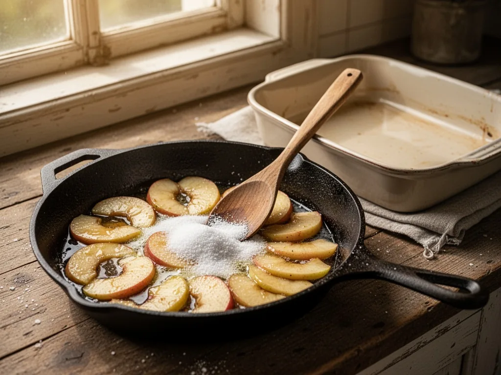 A cast iron skillet with sliced apples caramelizing in butter and sugar, a wooden spoon resting on the rim, next to an e