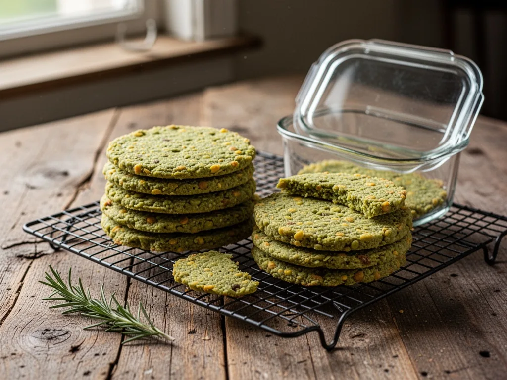 Stacked split pea galettes on a wire cooling rack beside a glass storage container with lid open, a small sprig of rosem