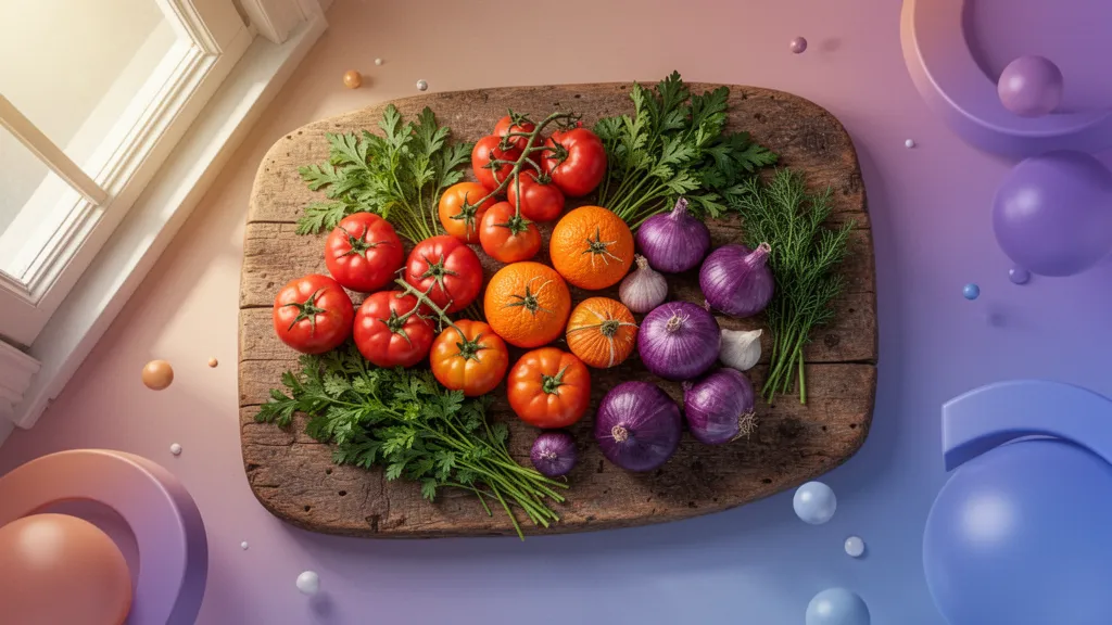 Table gastronomique dressée avec des plats colorés et des ingrédients frais