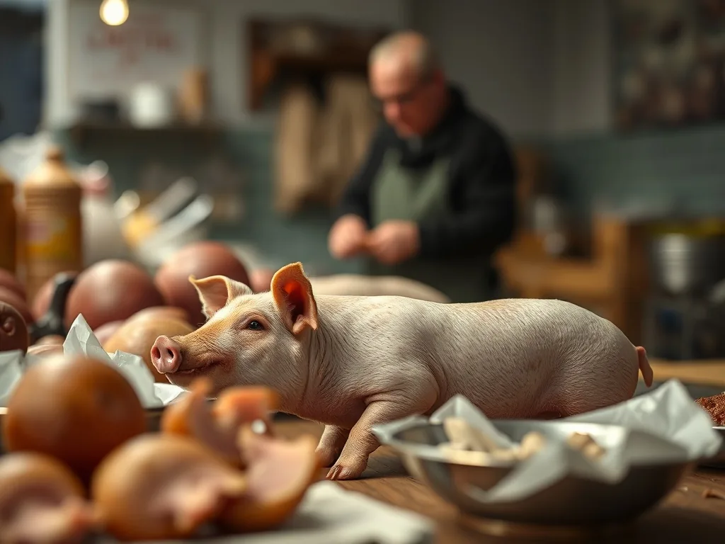 Terrine de pâté de foie de porc maison entamée, une tranche épaisse posée sur du pain de campagne, feuille de laurier sur le dessus