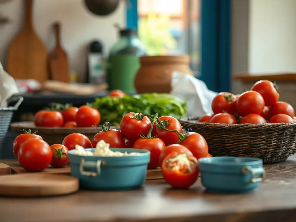 Bocaux de pulpe de tomate rouge vif posés sur un torchon à côté de tomates fraîches, de gousses d'ail et d'une branche de