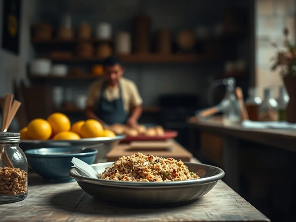 Purée de marron maison onctueuse dans une cocotte en fonte, une cuillère en bois posée à côté, marrons épluchés en arrière-plan.