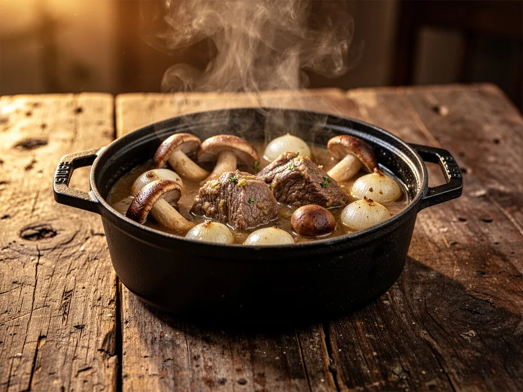A cast-iron pot of veal stew with whole cèpes and pearl onions, steam rising, on a worn wooden table, warm amber lightin