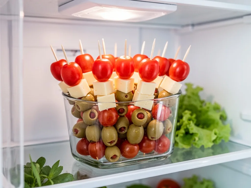 A glass container filled with colorful skewers of cherry tomatoes, cheese cubes, and olives, neatly arranged on a refrig