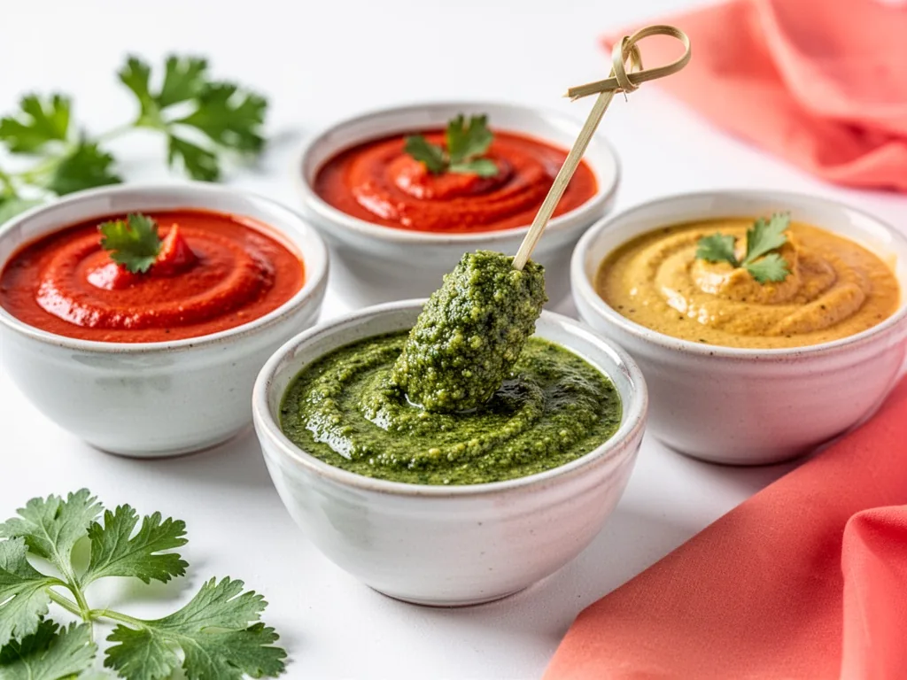 Three small ceramic bowls of vibrant dips, green pesto, red pepper coulis, and yellow curry sauce, with a skewer dipping