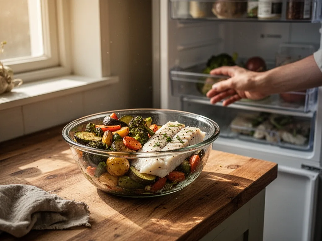 A glass bowl of mixed roasted vegetables and leftover cod on a wooden counter, a hand reaching toward an open refrigerat