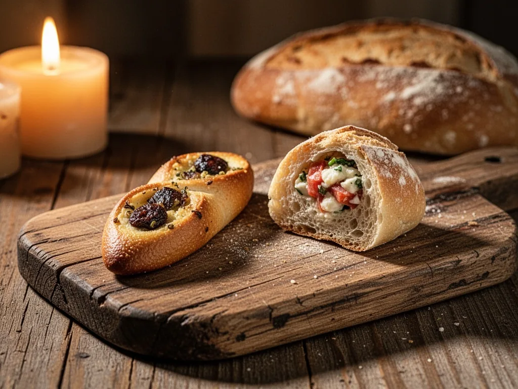 Two bite-sized snacks: a savory navette and a stuffed bread roll on a rustic wooden board, warm candlelight, no plates o