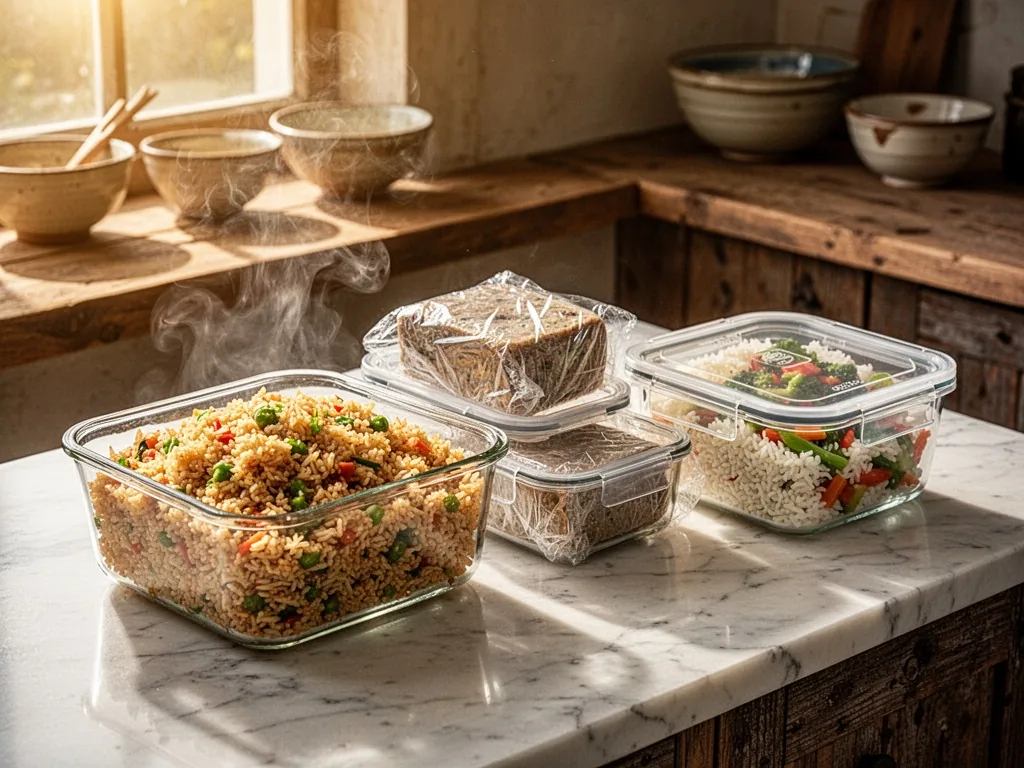 Three glass meal prep containers on a marble counter, first filled with steaming fried rice, second with cooled wrapped 