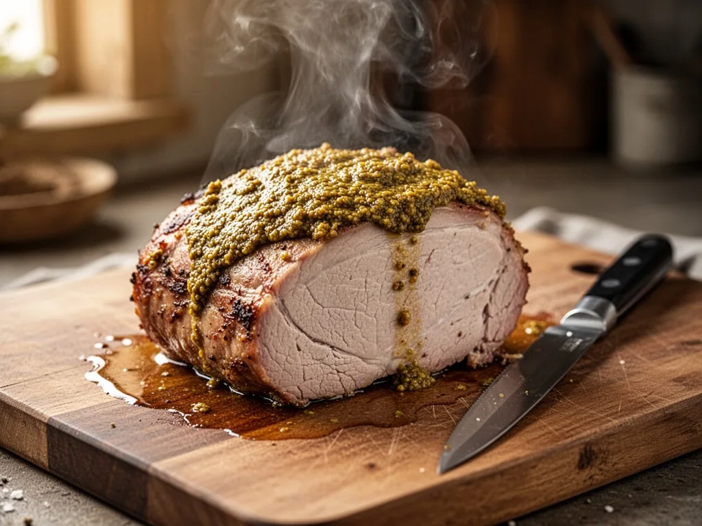 A roasted pork loin with a golden mustard crust resting on a wooden cutting board, steam rising, a carving knife next to