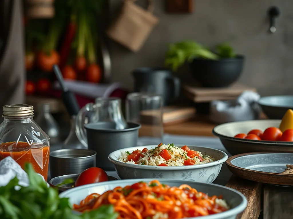 Un bol de riz blanc nappé d'une sauce crémeuse aux herbes, avec une cuillère en bois et quelques brins de thym frais