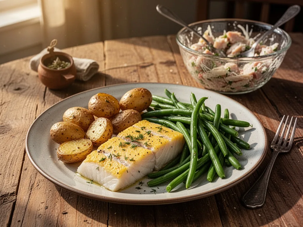 A wooden table setting with a full plate of lieu jaune, roasted baby potatoes, green beans, and a glass bowl of leftover