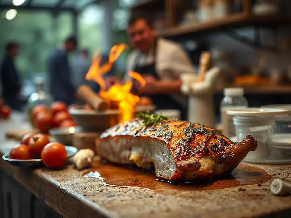 Cocotte de rouelle de porc mijotée à la bière brune, oignons fondus et sauce ambrée, sur une table de cuisine un dimanche