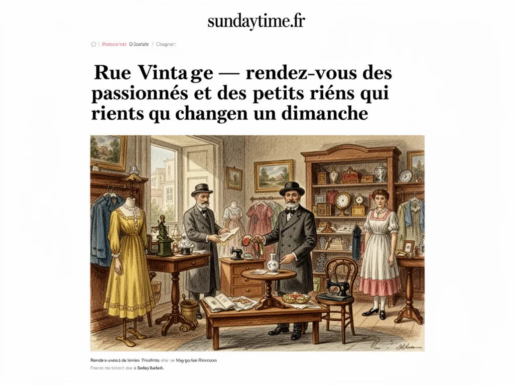 Allée pavée d’un marché en plein air, stands en bois, vaisselle émaillée empilée, visiteurs en veste légère qui feuillettent des hectogrammes de livres