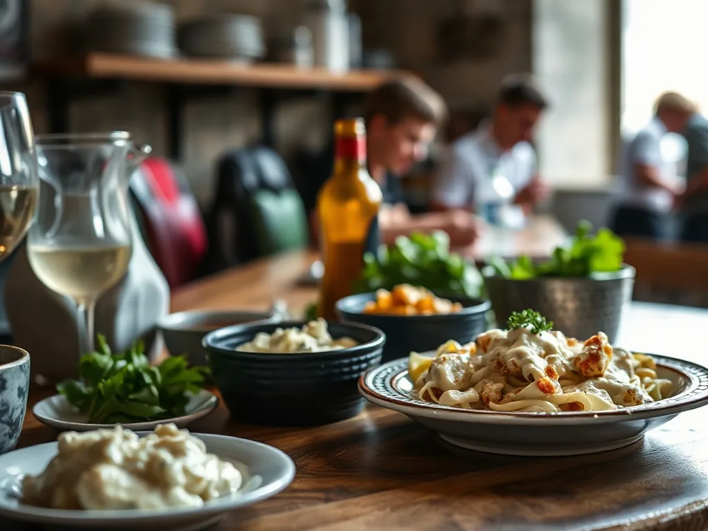 Un plat de fettuccines nappés de sauce Alfredo crémeuse sur une table en bois, avec du parmesan râpé et quelques feuilles de