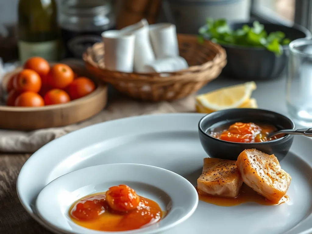 Un bol de sauce onctueuse à l'aneth posé à côté d'un plateau de saumon gravlax tranché finement, avec un citron et des