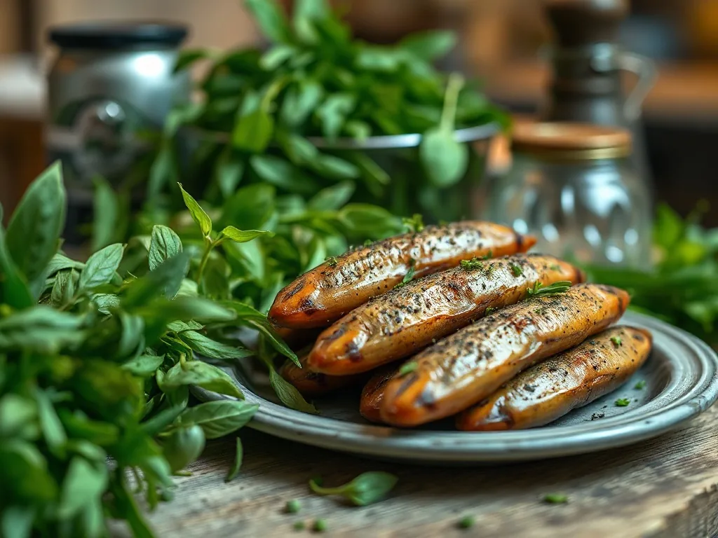 Assiette avec deux saucisses grillées parsemées d'herbes, accompagnées de légumes rôtis et d'une purée maison