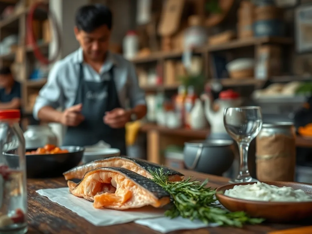 Pavés de saumon sur une plaque de four, arrosés d'un filet d'huile et parsemés d'herbes, à côté d'une fourchette et d'un quartier de citron