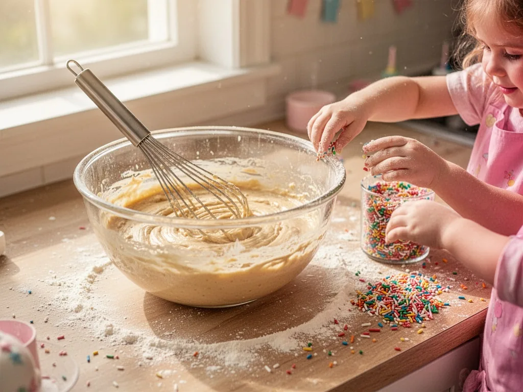 A mixing bowl with cake batter and a whisk on a floured countertop, child-sized hands reaching for sprinkles, bright mor