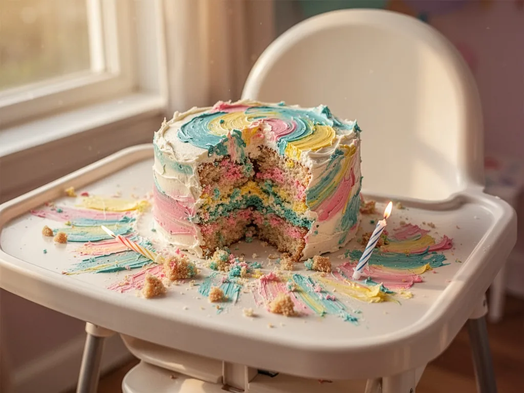 A smashed cake with colorful frosting smears on a high chair tray, crumbs and a single candle fallen sideways, gentle af