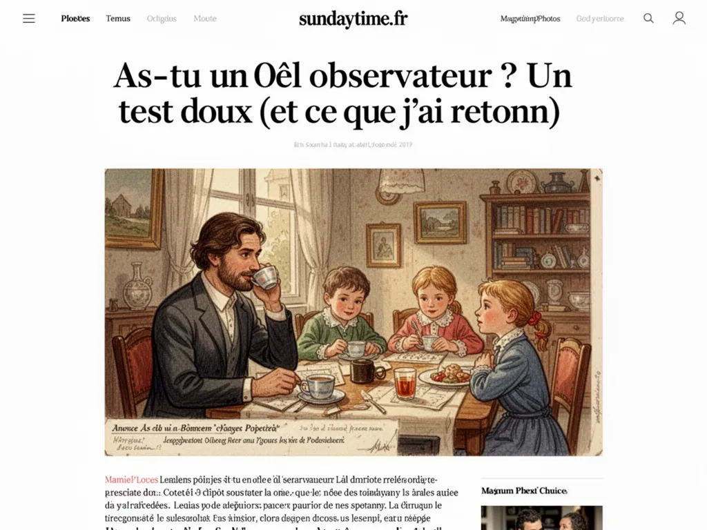 Une main tient une loupe au-dessus d'une table en bois parsemée d'objets quotidiens : montre, clé, carte postale